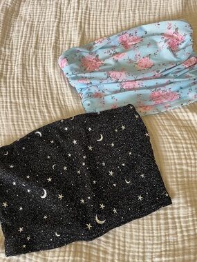 Set of 2 Strapless Bandeau Tops - Floral Blue & Starry Black